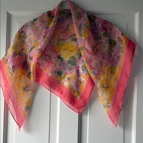Spring Floral Coral Pink Yellow Green Scarf Square About 30" - Picture 2 of 5